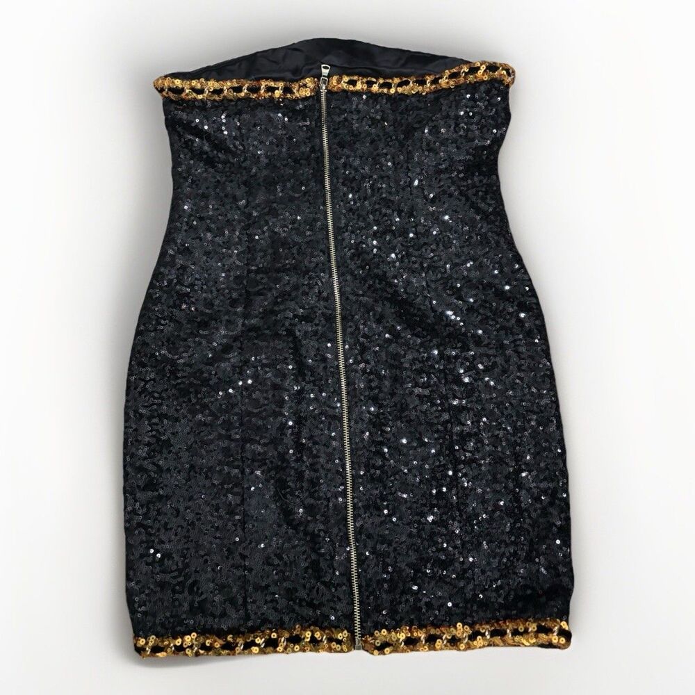 Miss Rosier Eulalia black embellished mini dress Sz S Sequin Gold Party Cocktail - Picture 12 of 16